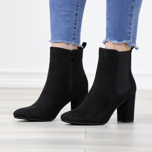 Black Suede Chelsea Block High Heel Above Ankle Boots - Picture 12 of 12